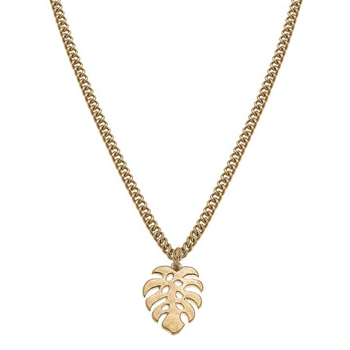 Monstera Leaf Charm Necklace in Worn Gold