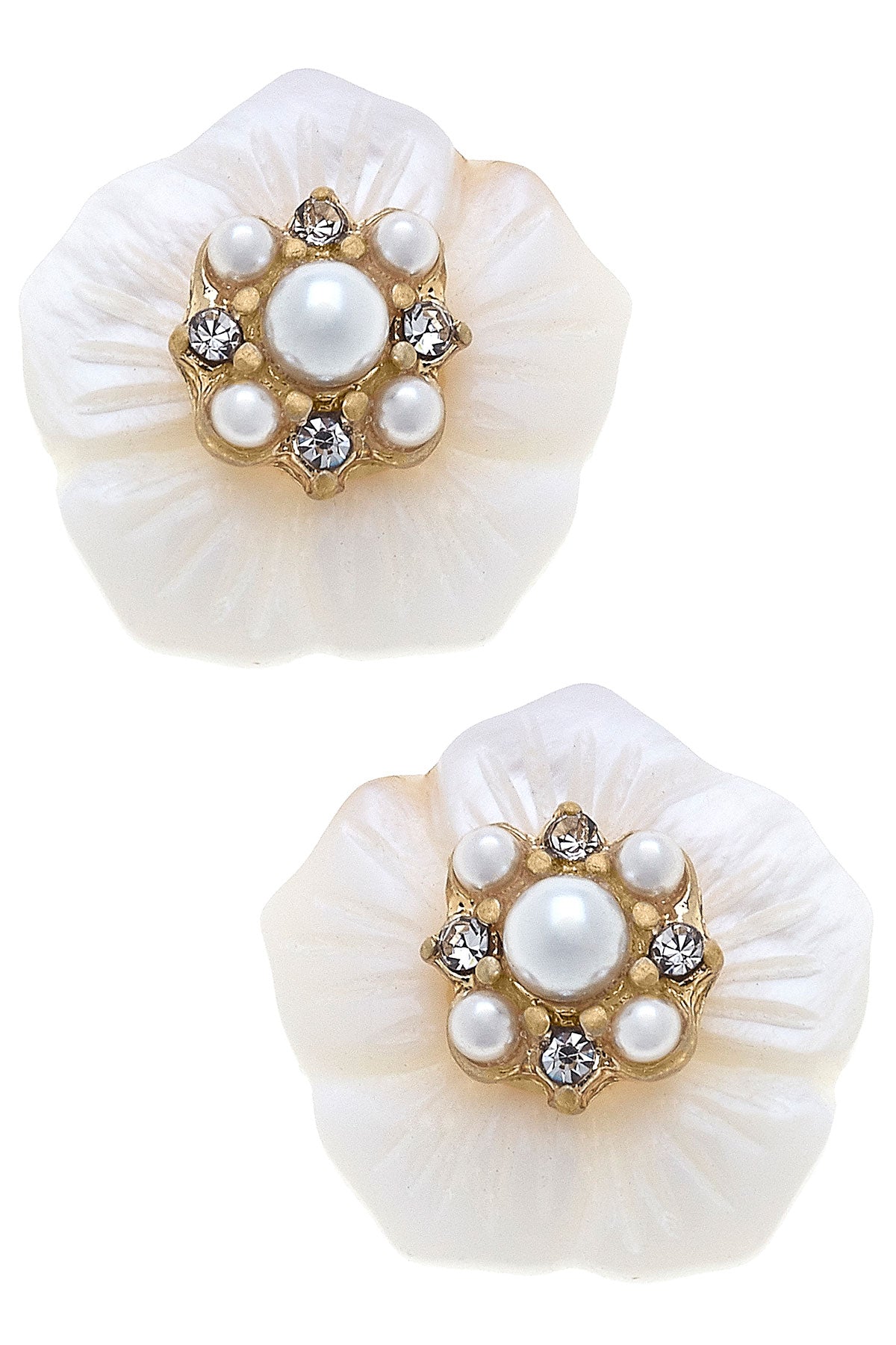 Cassidy Pearl & Rhinestone Flower Stud Earrings in Ivory