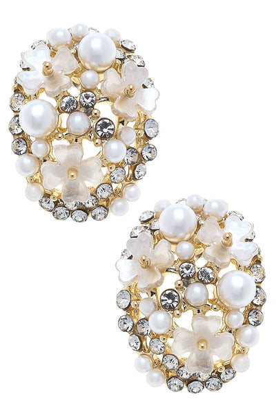 Genevieve Pearl & Rhinestone Flower Stud Earrings in Ivory