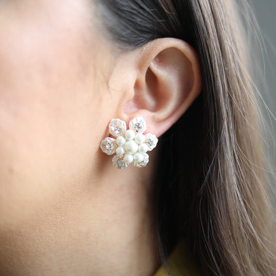 Eloise Pearl & Rhinestone Flower Stud Earrings in Ivory