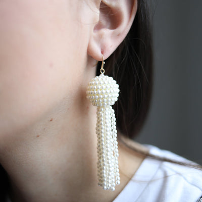 Edie Pearl Beaded Tassel Drop Earrings in Ivory