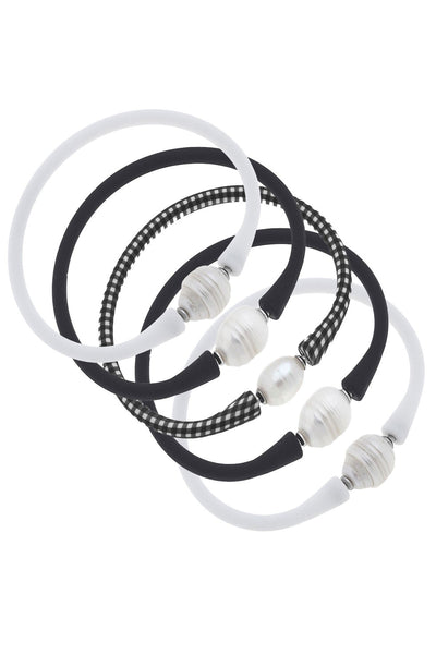 Bali Freshwater Pearl Silicone Bracelet Stack of 5 in White, Black & Black Gingham