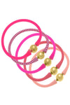 Bali 24K Gold Silicone Bracelet Stack of 5 in Neon Pink, Pink Gingham, Fuchsia, Pink & Light Pink
