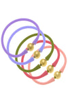 Bali 24K Gold Silicone Bracelet Stack of 5 in Lavender, Lilac, Peridot, Pink & Light Pink