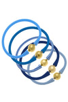 Bali 24K Gold Silicone Bracelet Stack of 5 in Aqua, Blue, Blue Gingham, Royal Blue & Blue Grey