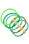 Bali 24K Gold Silicone Bracelet Stack of 5 in Neon Green, Green, Green Gingham, Peridot & Mint