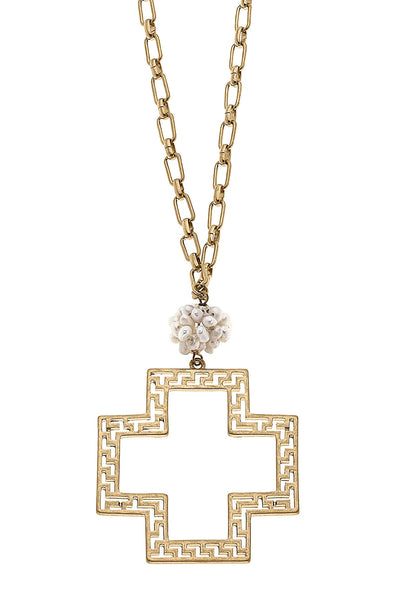 Elysa Greek Keys Cross Pendant & Pearl Cluster Necklace in Worn Gold