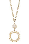 Emery Greek Keys Pendant & Pearl Cluster Necklace in Worn Gold
