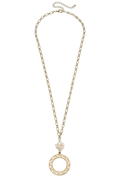 Emery Greek Keys Pendant & Pearl Cluster Necklace in Worn Gold