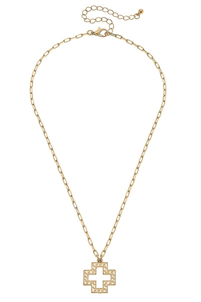 Cameryn Greek Keys Cross Necklace in Worn Gold