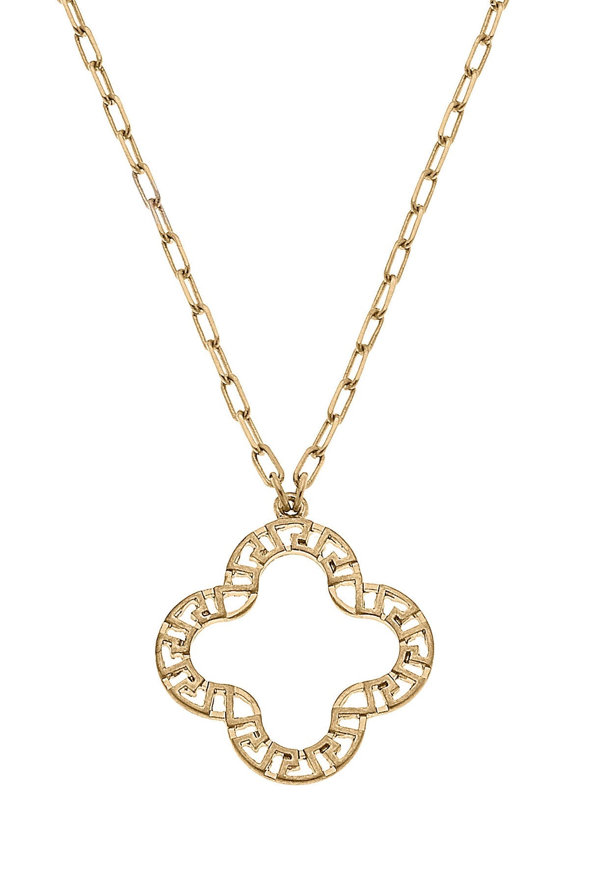 Kristin Greek Keys Clover Pendant Necklace in Worn Gold