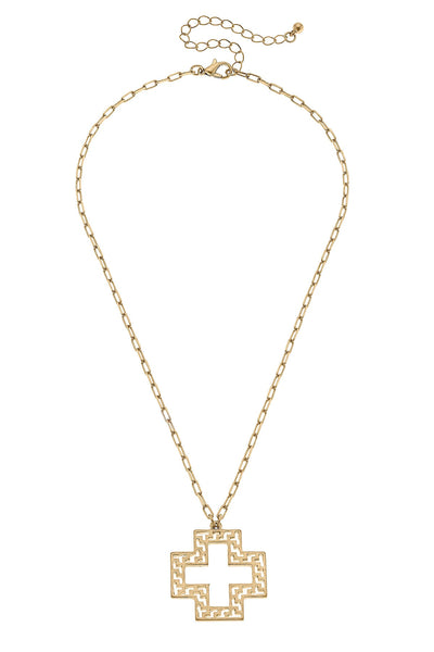 Kristin Greek Keys Cross Pendant Necklace in Worn Gold