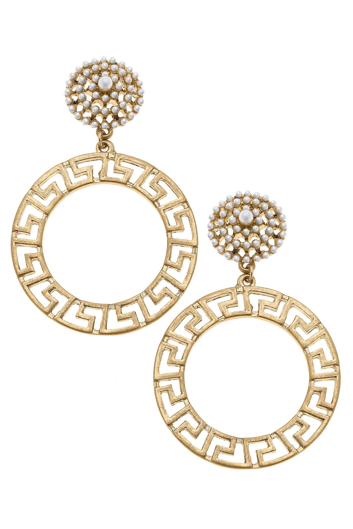 Emilia Greek Keys Circle & Pearl Studded Statement Earrings in Worn Gold