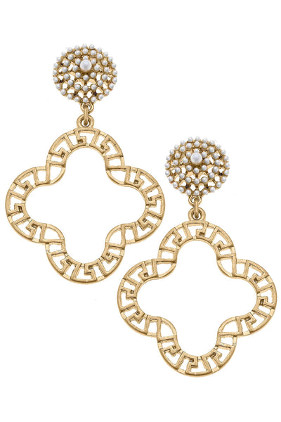 Emilia Greek Keys Clover & Pearl Studded Statement Earrings in Worn Gold