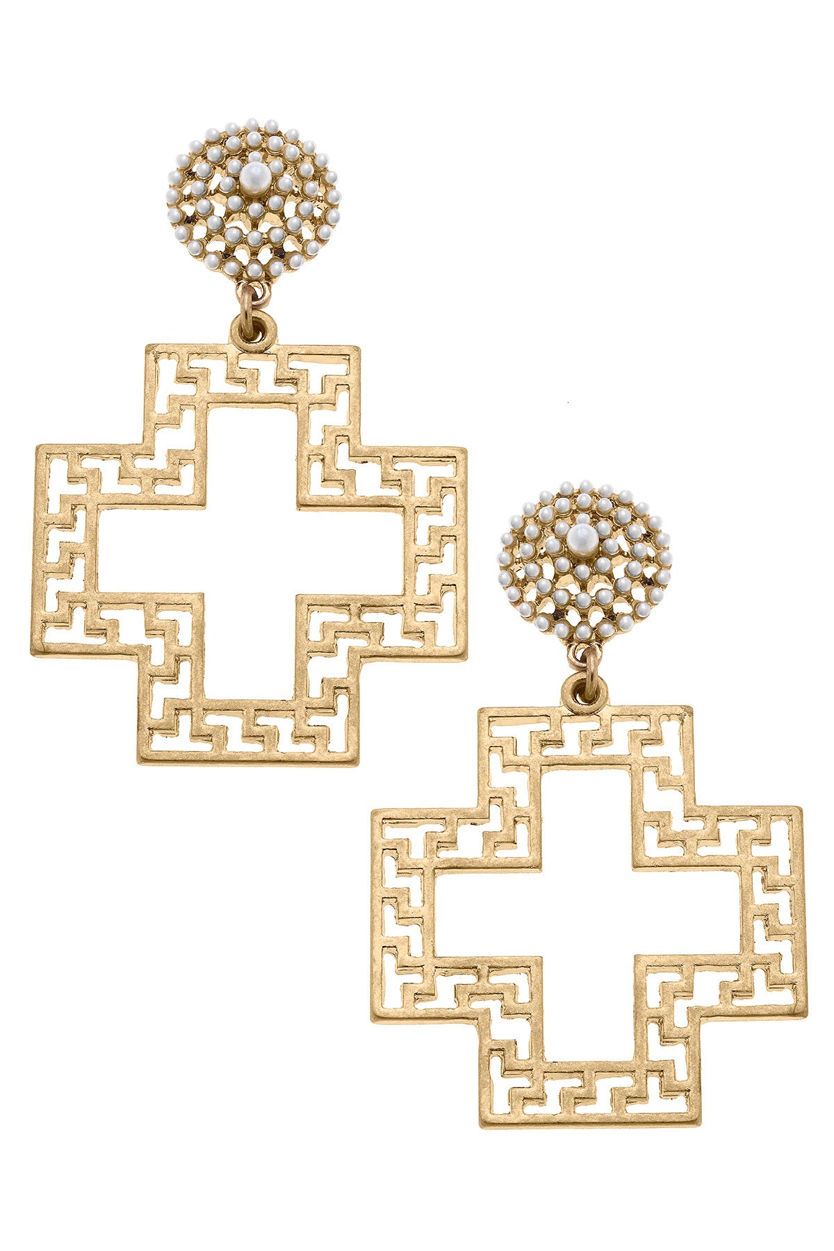 Emilia Greek Keys Cross & Pearl Studded Statement Earrings in Worn Gold