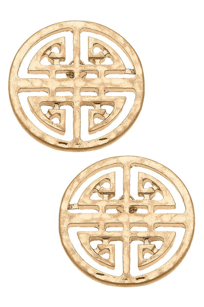 Aria Greek Keys Stud Earrings in Worn Gold