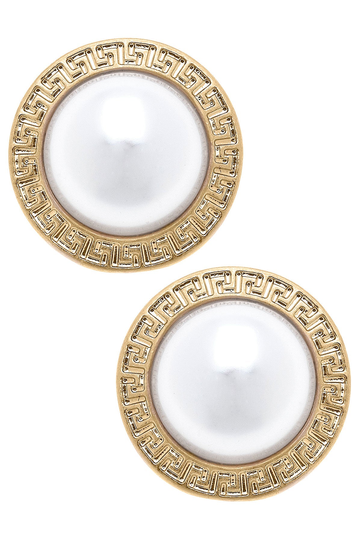Amal Greek Keys Pearl Stud Earrings in Ivory
