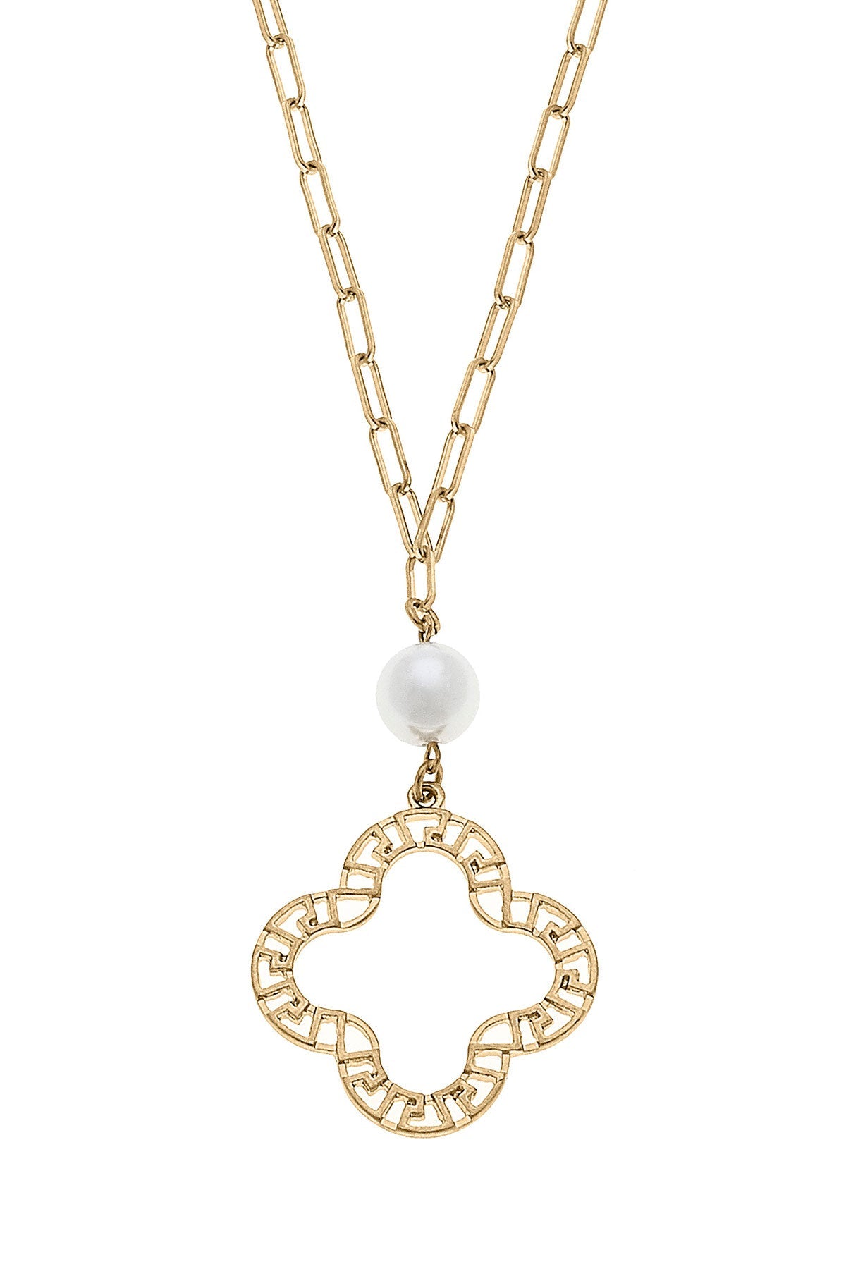 Nicole Pearl & Greek Keys Clover Pendant Necklace in Worn Gold