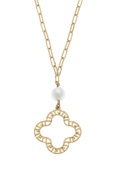 Nicole Pearl & Greek Keys Clover Pendant Necklace in Worn Gold