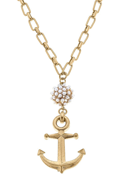 Shawn Anchor & Pearl Cluster Pendant Necklace in Worn Gold