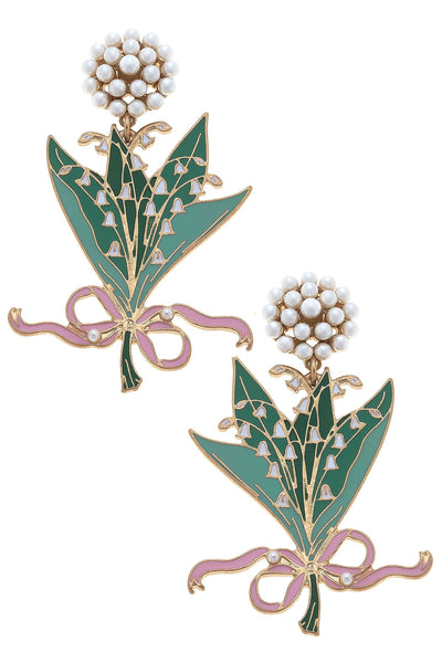 Lily of the Valley Enamel Bouquet Earrings in Green & Pink