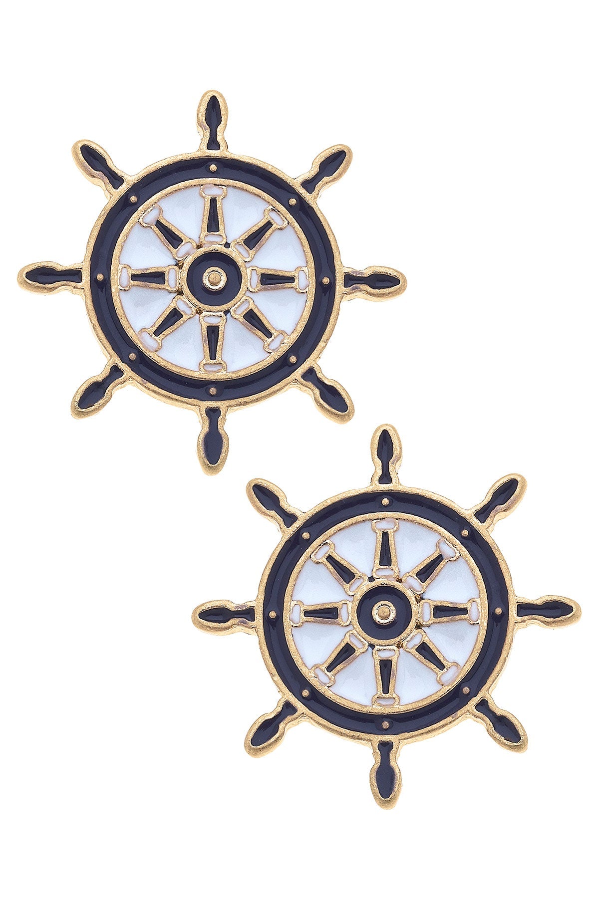 Bridget Enamel Nautical Ship's Wheel Stud Earrings in Navy & White