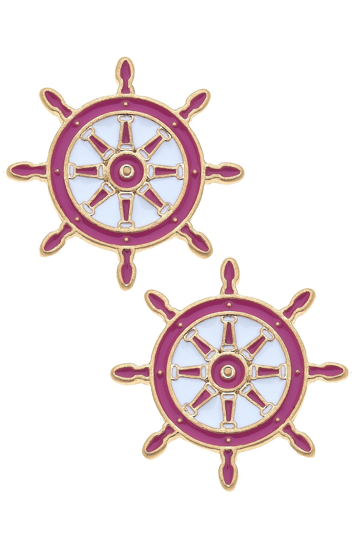 Bridget Enamel Nautical Ship's Wheel Stud Earrings in Pink & White