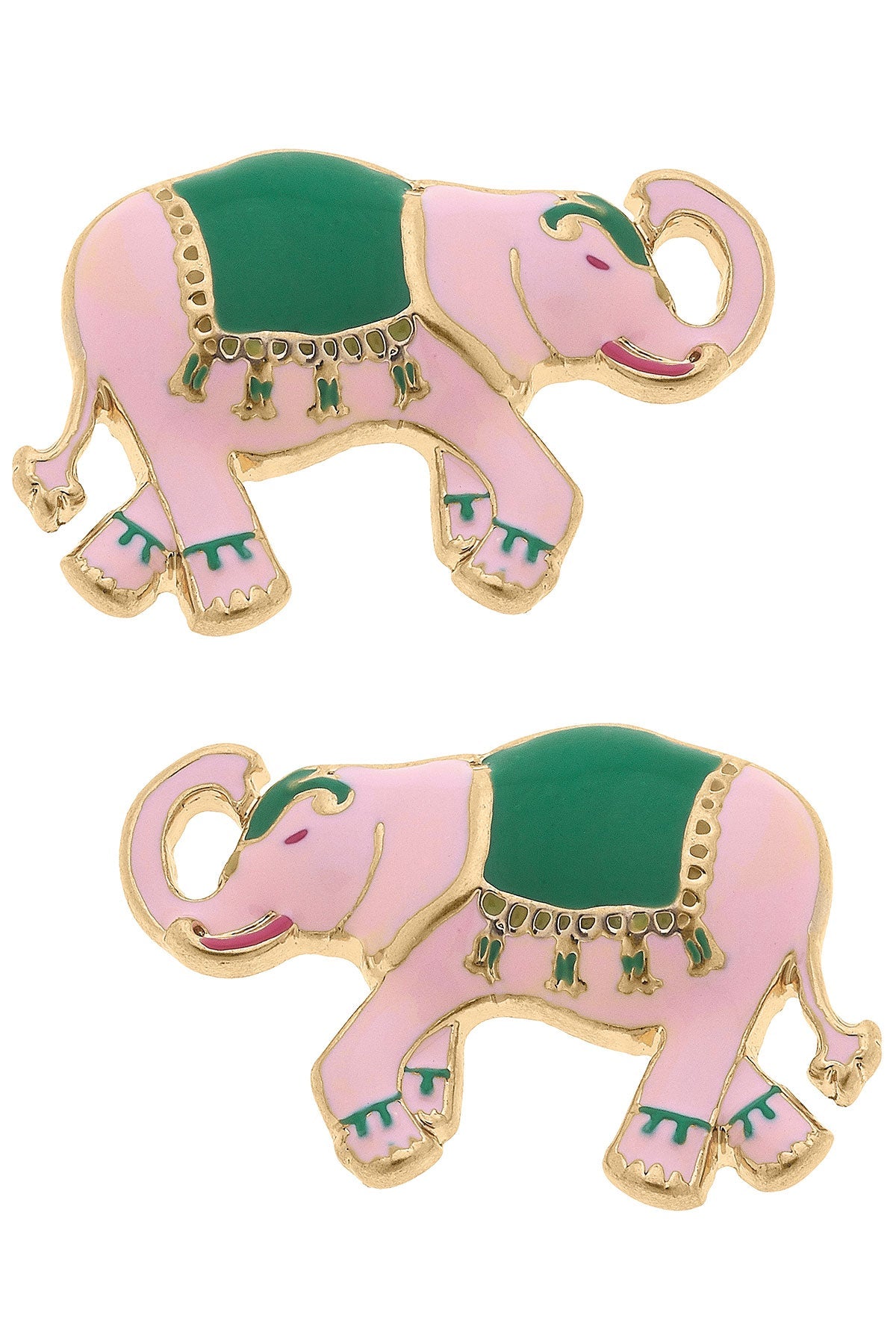 Livy Enamel Elephant Stud Earrings in Pink & Green