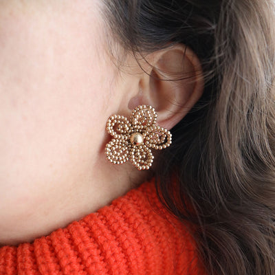 Jodi Beaded Floral Stud Earrings in Worn Gold