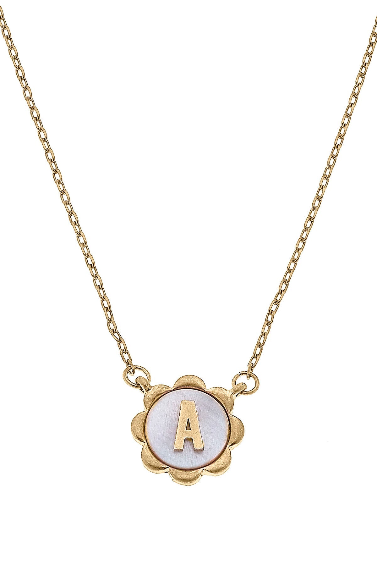Juliette Mother of Pearl Scalloped Initial Necklace in Worn Gold