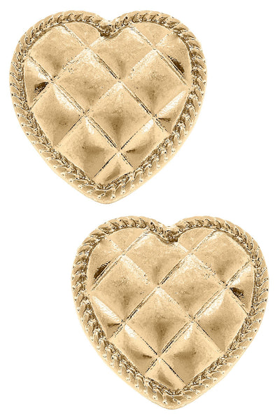 Connell Quilted Metal Heart Stud Earrings in Worn Gold