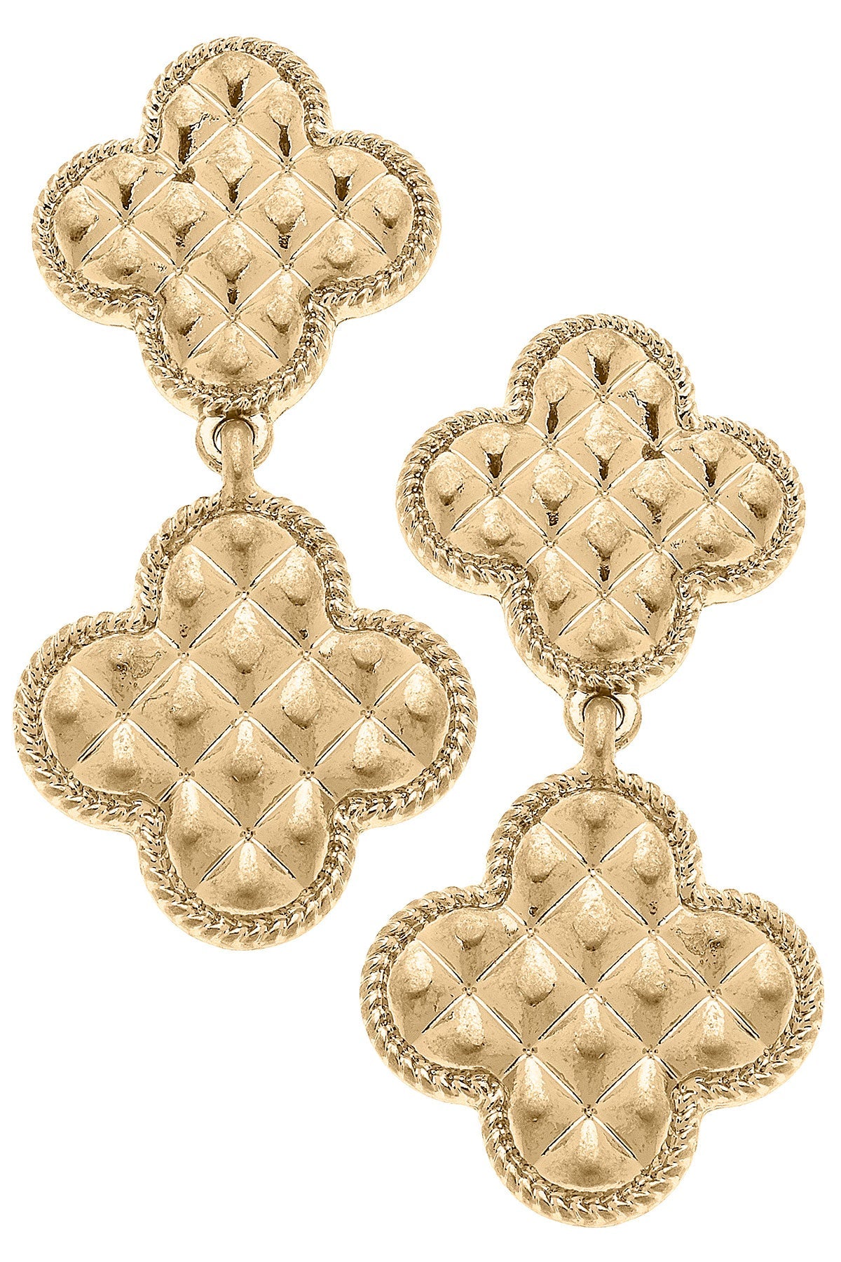 Olympia Quilted Metal Clover Drop Earrings in Worn Gold