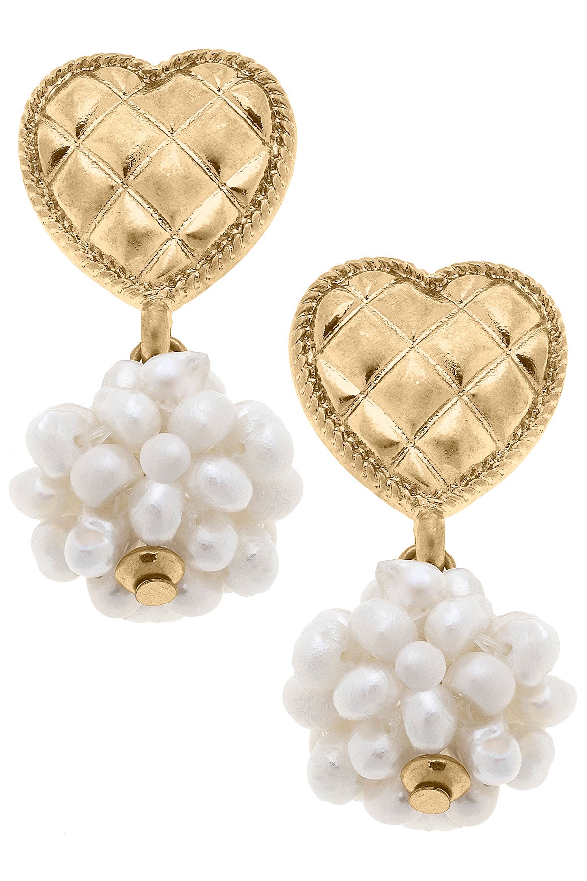 Lucinda Pearl Cluster & Quilted Metal Heart Drop Earrings in Worn Gold
