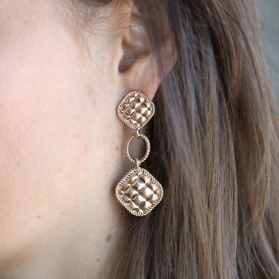 Ennis Quilted Metal Diamond Drop Earrings in Worn Gold