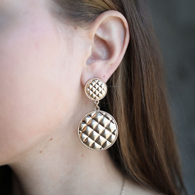 Christine Quilted Metal Round Drop Earrings in Worn Gold