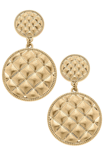 Christine Quilted Metal Round Drop Earrings in Worn Gold