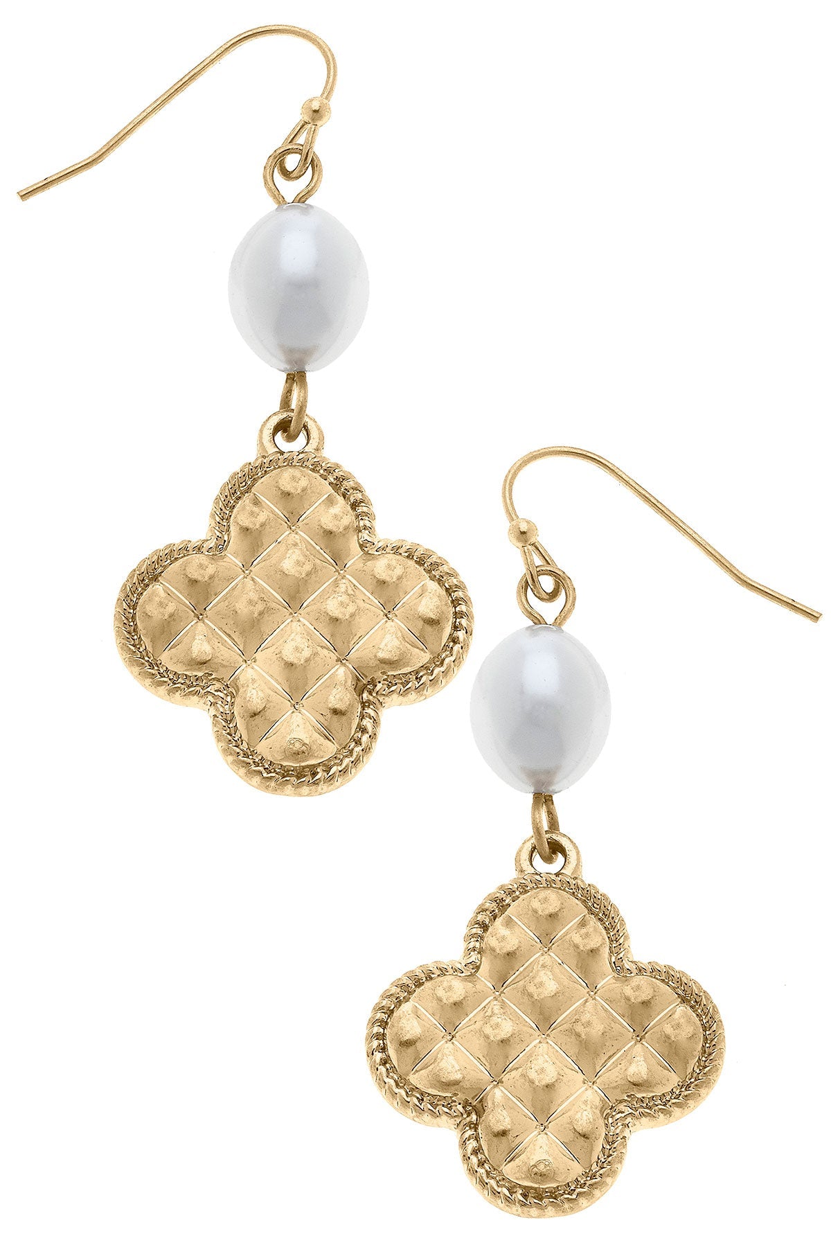 Andee Pearl & Quilted Metal Clover Drop Earrings in Worn Gold