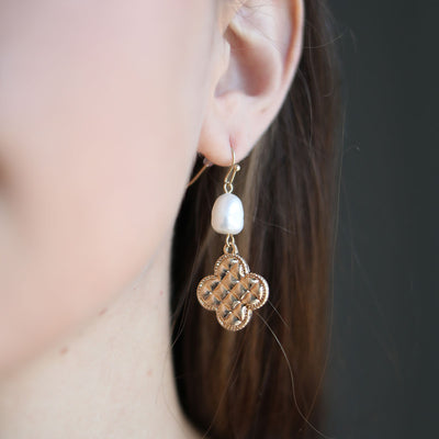 Andee Pearl & Quilted Metal Clover Drop Earrings in Worn Gold