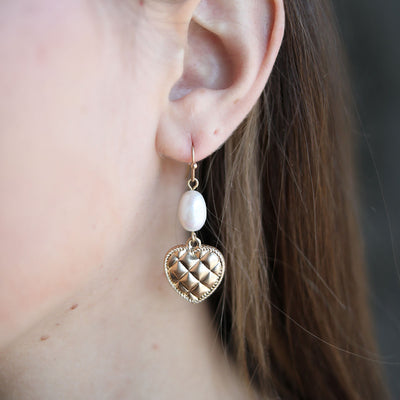 Andee Pearl & Quilted Metal Heart Drop Earrings in Worn Gold