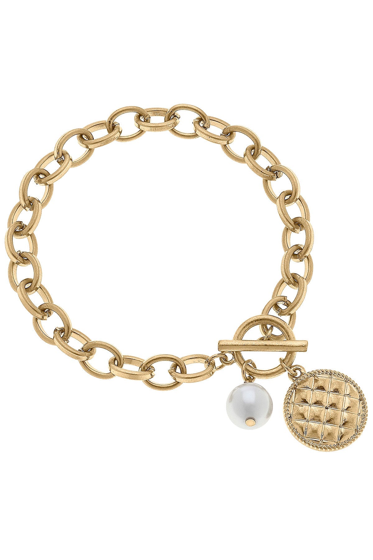 Kira Quilted Metal Charm T-Bar Bracelet in Worn Gold