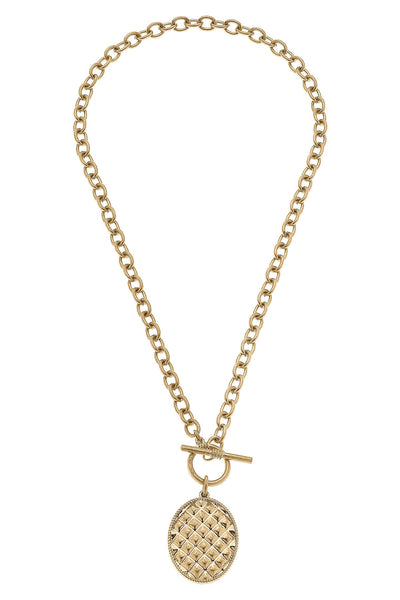 Daria Quilted Metal Pendant T-Bar Necklace in Worn Gold
