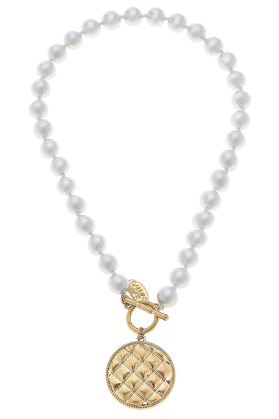 Enid Quilted Metal Pendant T-Bar Pearl Necklace in Ivory