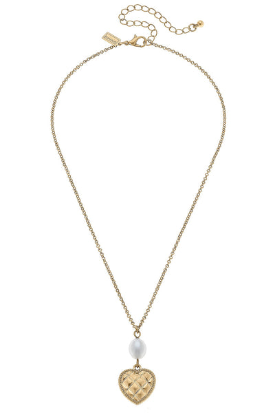 Andee Pearl & Quilted Metal Heart Charm Necklace in Worn Gold