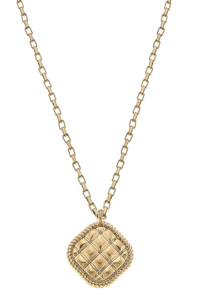 Rue Quilted Metal Diamond Pendant Necklace in Worn Gold