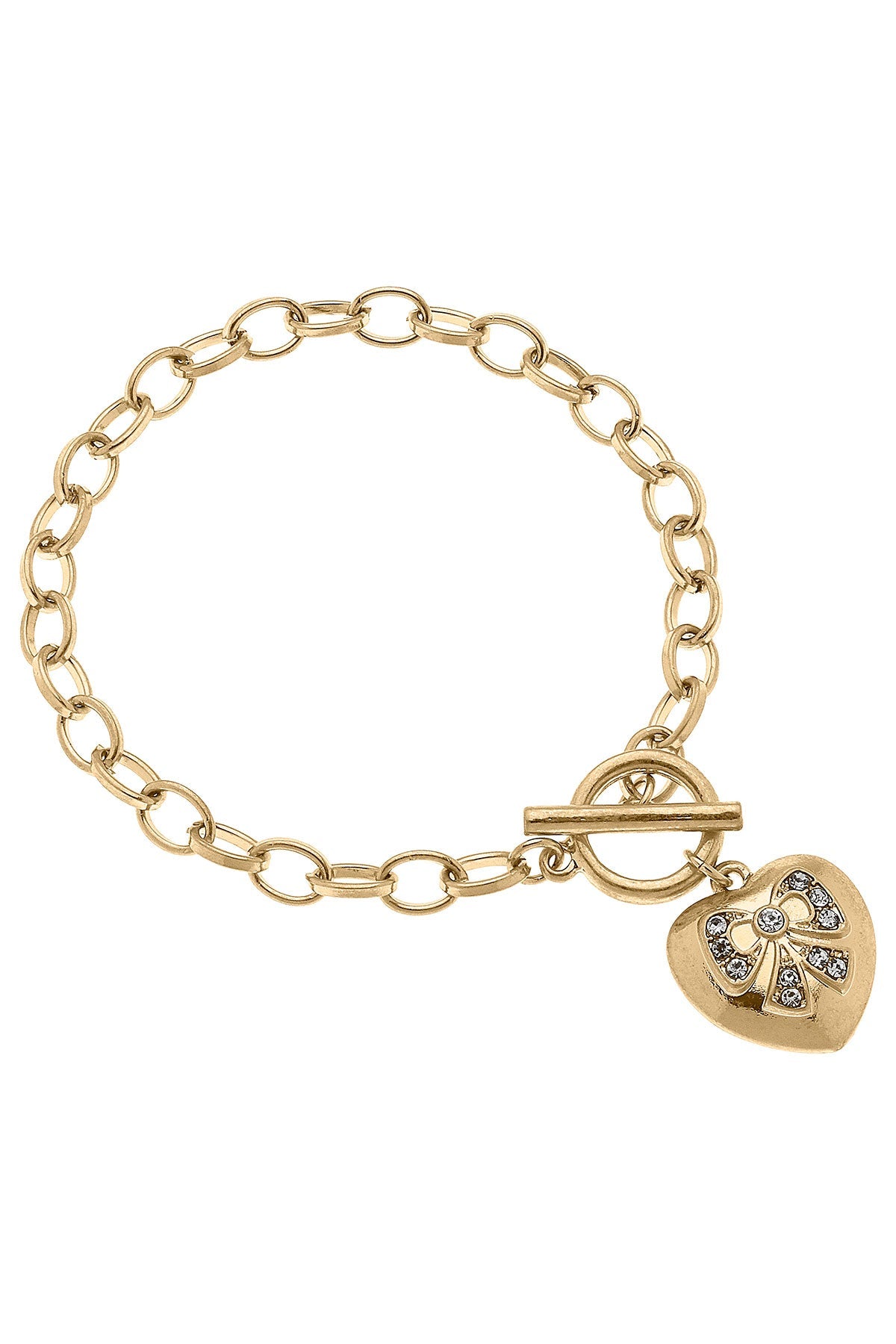 Rylan PavÃ© Bow Heart Charm T-Bar Bracelet in Worn Gold