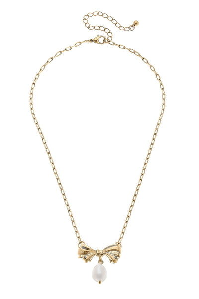 Cici Bow & Pearl Pendant Necklace in Worn Gold