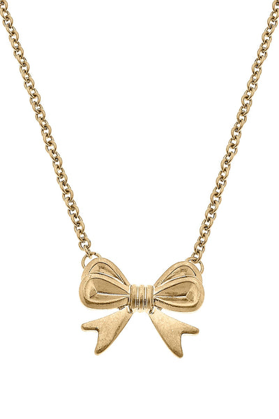 Stephanie Bow Pendant Necklace in Worn Gold