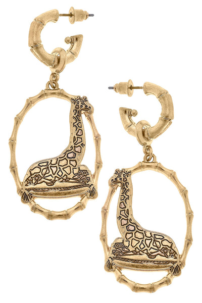 Gwen Giraffe Drop Hoop Earrings in Worn Gold