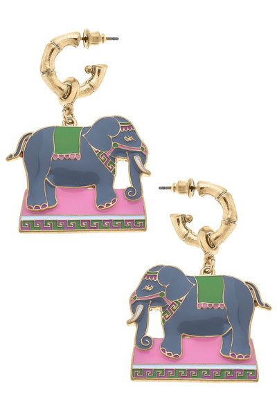Helen Enamel Elephant Earrings in Pink & Green