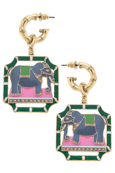 Honor Enamel Elephant & Bamboo Earrings in Green & Pink